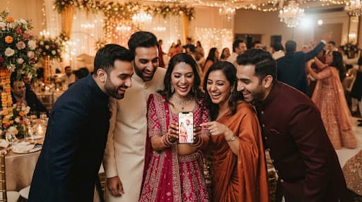 Wedding guests looking at their photos on a phone